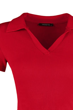 Trendyolmilla Siyah Fitted/Vucuda Oturan Crop Polo Yaka Fitilli Esnek Orme Bluz TWOSS21BZ0038  фото 50