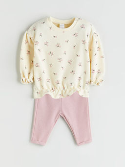 ?i?ekli Yumu?ak Dokulu K?z Bebek Sweatshirt ve Tayt