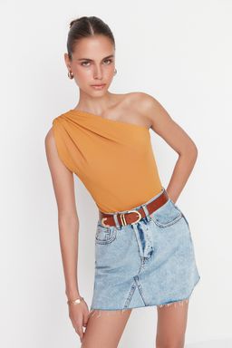 Hardal Asimetrik Yaka Esnek Alttan C?tc?tl? Esnek Orme Body TWOSS22BD00014