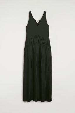 VESTIDO LARGO PLISADO FRUNCIDO CUELLO PICO