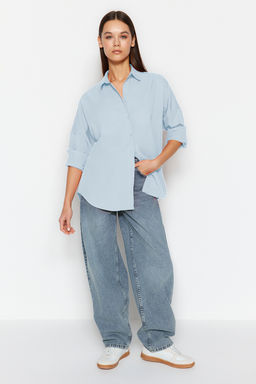Ac?k Mavi Pamuklu Oversize Genis Kal?p Dokuma Gomlek TWOSS22GO0669