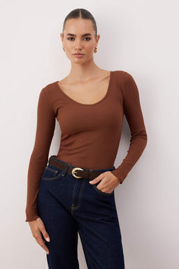 Kahverengi-Gri Melanj 2li Paket V Yaka Fitted/Vucuda Oturan Pamuklu Esnek Orme Bluz TWOAW24BZ00068