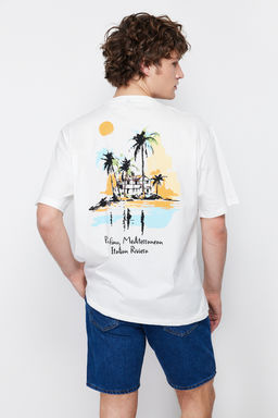Ekru Oversize/Genis Kesim Manzara Bask?l? %100 Pamuklu K?sa Kol T-Shirt TMNSS24TS00124 - Trendyolmilla фото 5