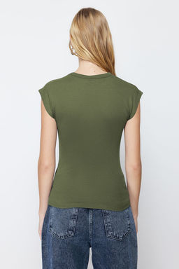 Haki Viskoz/Yumusak Kumas Fitted/Vucuda Oturan Ay Kol Esnek Orme Bluz TWOSS23BZ00992