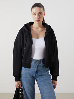 Kap??onlu Oversize Kad?n Kal?n Fermuarl? Sweatshirt