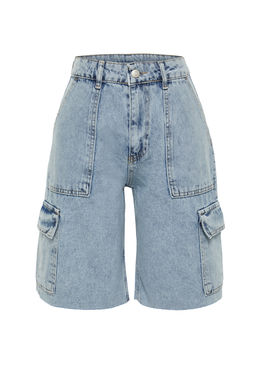 Ac?k Mavi Kargo Cep Yuksek Bel Denim Bermuda TWOSS24SR00091