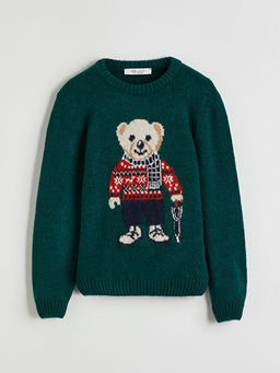 Bisiklet Yaka Ay? Teddy Desenli Erkek ?ocuk Triko Kazak