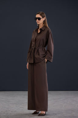Trendyol Studio Kahverengi Cizgili Belden Ayarlanabilir Dokumlu Oversize Gomlek TWOAW26GO00105 - Trendyolmilla фото 5