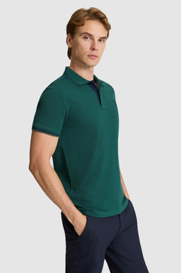 Erkek Koyu Ye_il Slim Fit Polo Yaka Basic Ti__rt