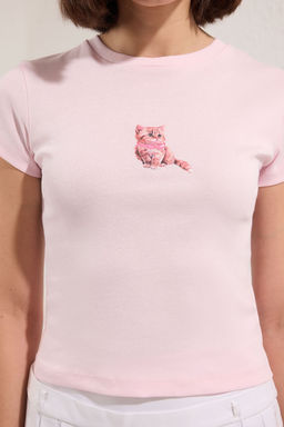 Pembe Pamuklu Kedi Bask?l? Vucuda Oturan Esnek Orme T-Shirt TWOSS25TS00095