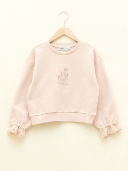Bisiklet Yaka Bask?l? Uzun Kollu K?z ?ocuk Sweatshirt