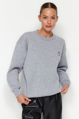 Gri Animal Nak?sl? Regular/Normal Kal?p Kal?n Ici Polarl? Orme Sweatshirt TWOAW24SW00196