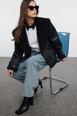 Siyah Regular Kal?p Pelus Detayl? Suni Deri Biker Ceket Mont TWOAW25MO00037 - Trendyolmilla фото 8