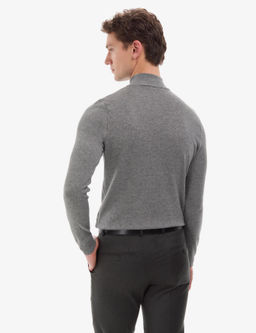 Gri Melanj Slim Fit Yar_m Bal_k__ Yaka Basic Triko Kazak