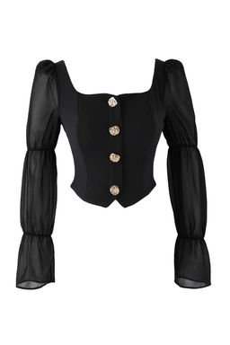 Siyah Kare Yaka Balon Kol Dugme Detayl? Dokuma Bluz TPRAW26BZ00058 - Trendyolmilla фото 5