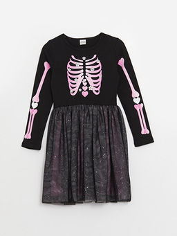 Bisiklet Yaka Bask?l? Uzun Kollu K?z ?ocuk Elbise