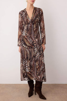 Kahverengi Animal Desen V Yaka A Kesim Maxi Dokuma Elbise TWOAW26EL00270 - Trendyolmilla фото 3