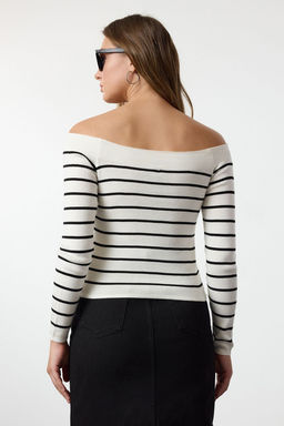 Ekru Kay?k Yaka Cizgili Triko Kazak TWOAW25KZ00360 - Trendyolmilla фото 5