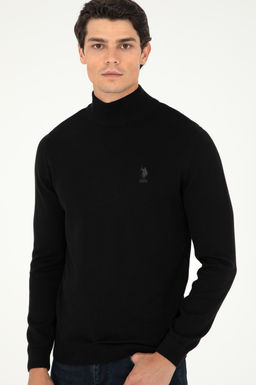 Erkek Slim Fit Yar_m Bo_azl_ Siyah Basic Kazak