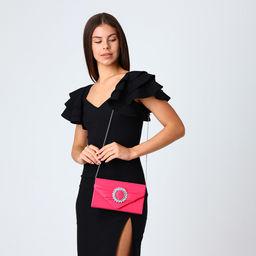 Сумка-клатч женская вечерняя на магните, на цепочке, с декоративной пряжкой, фуксия