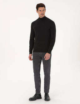 Siyah Slim Fit Pamuk Kar___ml_ Yar_m Bal_k__ Yaka Basic Triko Kazak