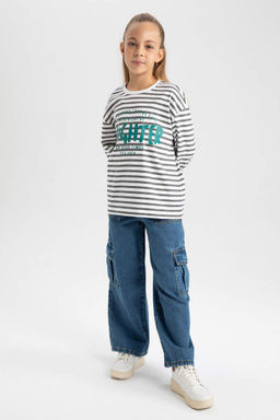 Футболка оверсайз с круглым вырезом и длинными рукавами для девочек - Defacto фото 5