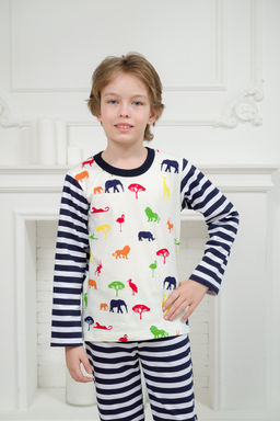 Пижама детская из джемпера и брюк без манжет из интерлока Сафари темно-синий полоса - Амадэль фото 8