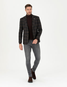 Kahverengi Slim Fit Y_n Ekose Ceket