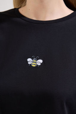 Siyah %100 Pamuk Nak?sl? Crop Bisiklet Yaka Orme T-Shirt TWOSS20TS1377