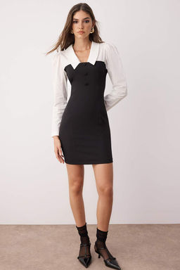 TRENDYOLMILLA Siyah Vucudu Saran Gomlek Yaka Mini Dokuma Elbise TWOAW23EL00611