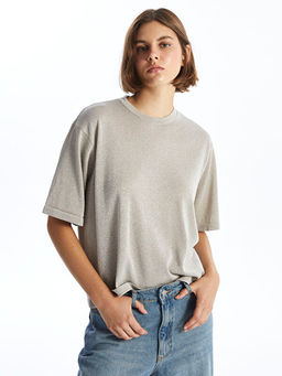 Bisiklet Yaka Parlak G?r?n?ml? K?sa Kollu Oversize Kad?n Triko Kazak