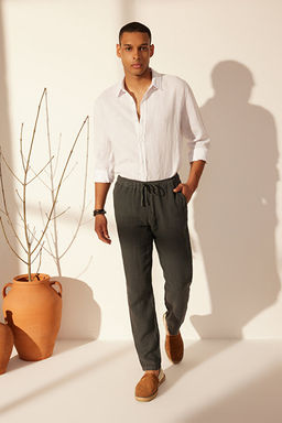 Premium Gri %100 Keten Straight Fit Lastikli Beli Ba_lamal_ Pantolon TMNSS24PL00018