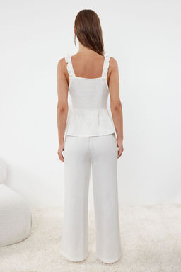 Ekru F?rf?r ve Baglama Detayl? Muslin Dokuma Pijama Tak?m? THMSS24PT00395