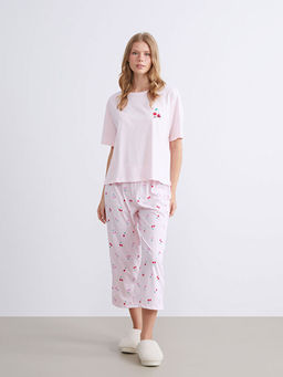 Bisiklet Yaka Bask?l? Kad?n Kaprili Pijama Tak?m?