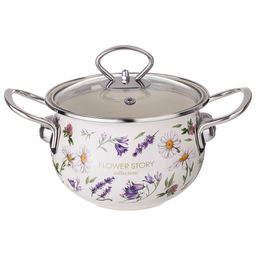 КАСТРЮЛЯ AGNESS ЭМАЛИРОВАННАЯ СО СТЕКЛЯННОЙ КРЫШКОЙ СЕРИЯ FLOWER STORY, 1,5 Л ДИА. 16СМ