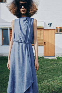 VESTIDO MIDI MANGA SISA CON LINO / Azul lavado - Zara фото 2