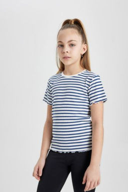 K?z Cocuk Slim Fit Dar Kesim Bisiklet Yaka Cizgili Fitilli Kaskorse K?sa Kollu Tisort