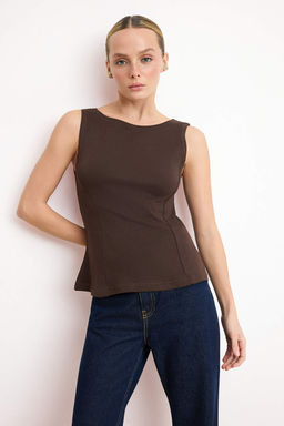 Kahverengi S?f?r Kol Bisiklet Yaka Esnek Orme Bluz TWOSS25BZ00604