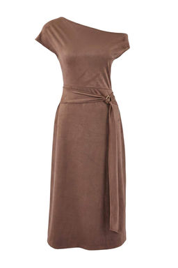 Kahverengi A-Kesim/Can Form Degaje Yaka Aksesuar Detayl? Midi Suet Orme Elbise TWOSS26EL00102