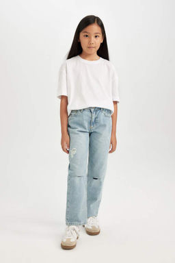 Джинсовые брюки прямого кроя с рваными деталями и прямыми карманами для девочек - Defacto фото 3