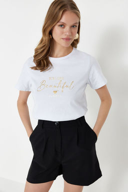 Beyaz %100 Kal?n Pamuklu Varak/Parlak Slogan Bask?l? Regular Kal?p Orme T-Shirt TWOSS24TS00252 - Trendyolmilla фото 2