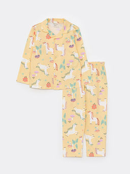Polo Yaka Uzun Kollu Bask?l? Pamuklu K?z Bebek Pijama Tak?m?