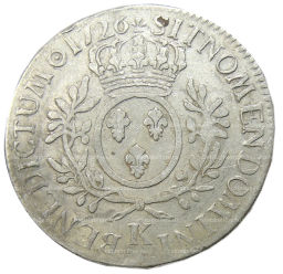 Монета 1 экю 1726 года К Франция (Людовик XV)