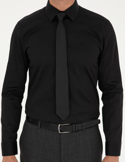 Siyah %100 Pamuk Parlak Saten Slim Fit Uzun Kollu Basic G_mlek