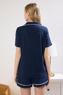 Trendyolmilla Lacivert %100 Pamuklu Sloganl? Biyeli Sortlu Orme Pijama Tak?m? THMSS25PT00254 фото 6