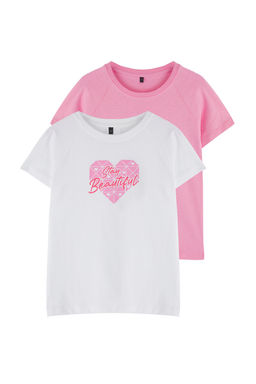 Beyaz-Pembe 2li K?z Cocuk %100 Pamuk Slogan Bask?l? K?sa Kol Orme T-Shirt TKDSS25TS00091