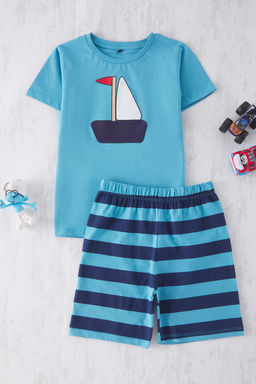 Mint-Mavi 4lu Erkek Cocuk %100 Pamuk Animal Bask?l? Pijama Tak?m? TKDSS25PT00018