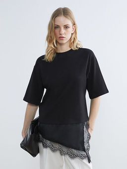 Bisiklet Yaka Dantel Detayl? Kad?n Ti??rt