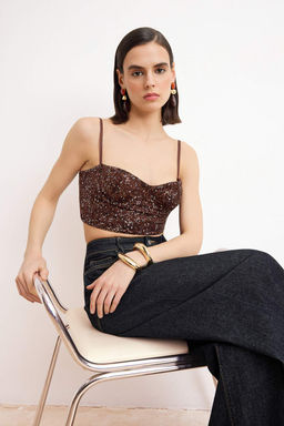 Kahverengi Payet Vucudu Saran Crop Party Bluz TPRSS26BZ00014