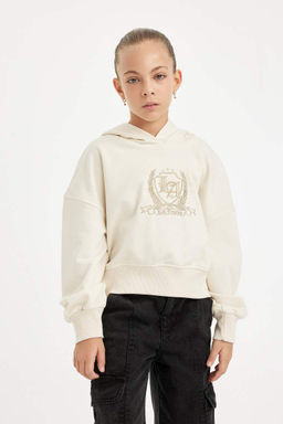Толстовка широкого кроя с капюшоном и вышивкой для девочек цвета экрю - Defacto фото 3